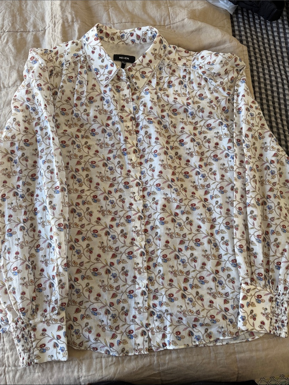ME+EM Cream Floral Button-Down Shirt with Red & Blue Motif. Cotton & Silk